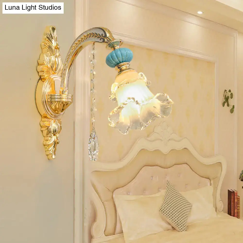 Gold glass wall sconce Nordic crystal drop by Decorbites with blue finial on Tampa Home & Garden Store