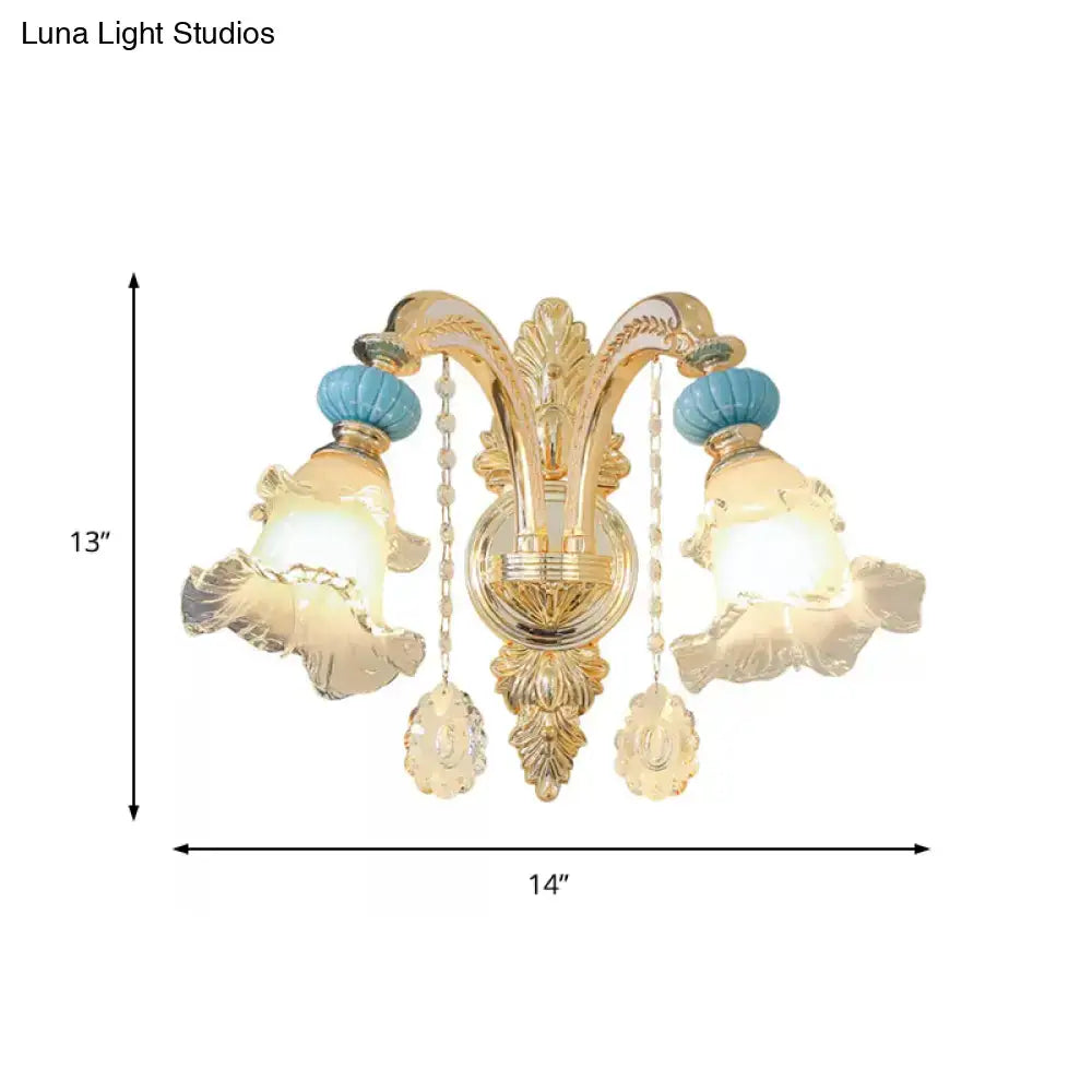 Gold Glass Wall Sconce by Decorbites with crystal drops, dual-arm ornate gold leaf frame on Tampa Home & Garden Store