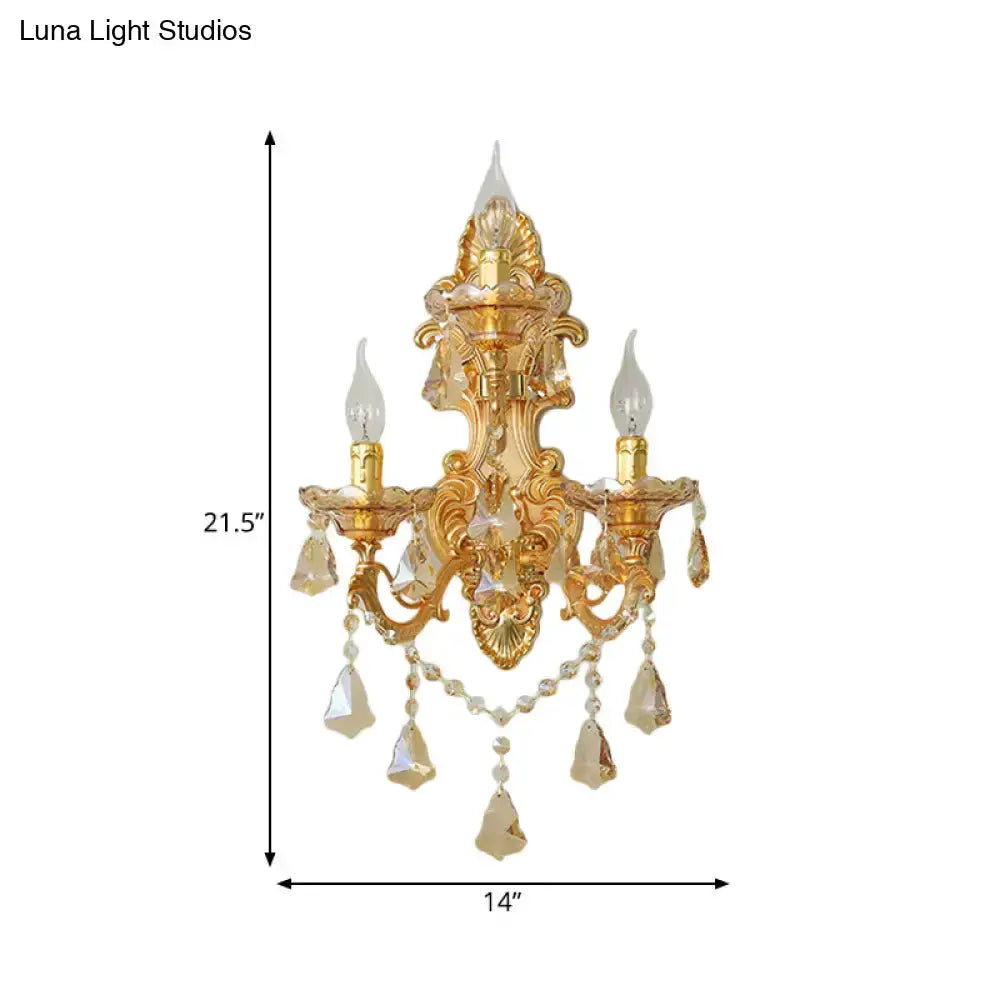 Ornate gold crystal 3-light metal living room sconce with hanging crystals Decorbites on Tampa Home & Garden Store