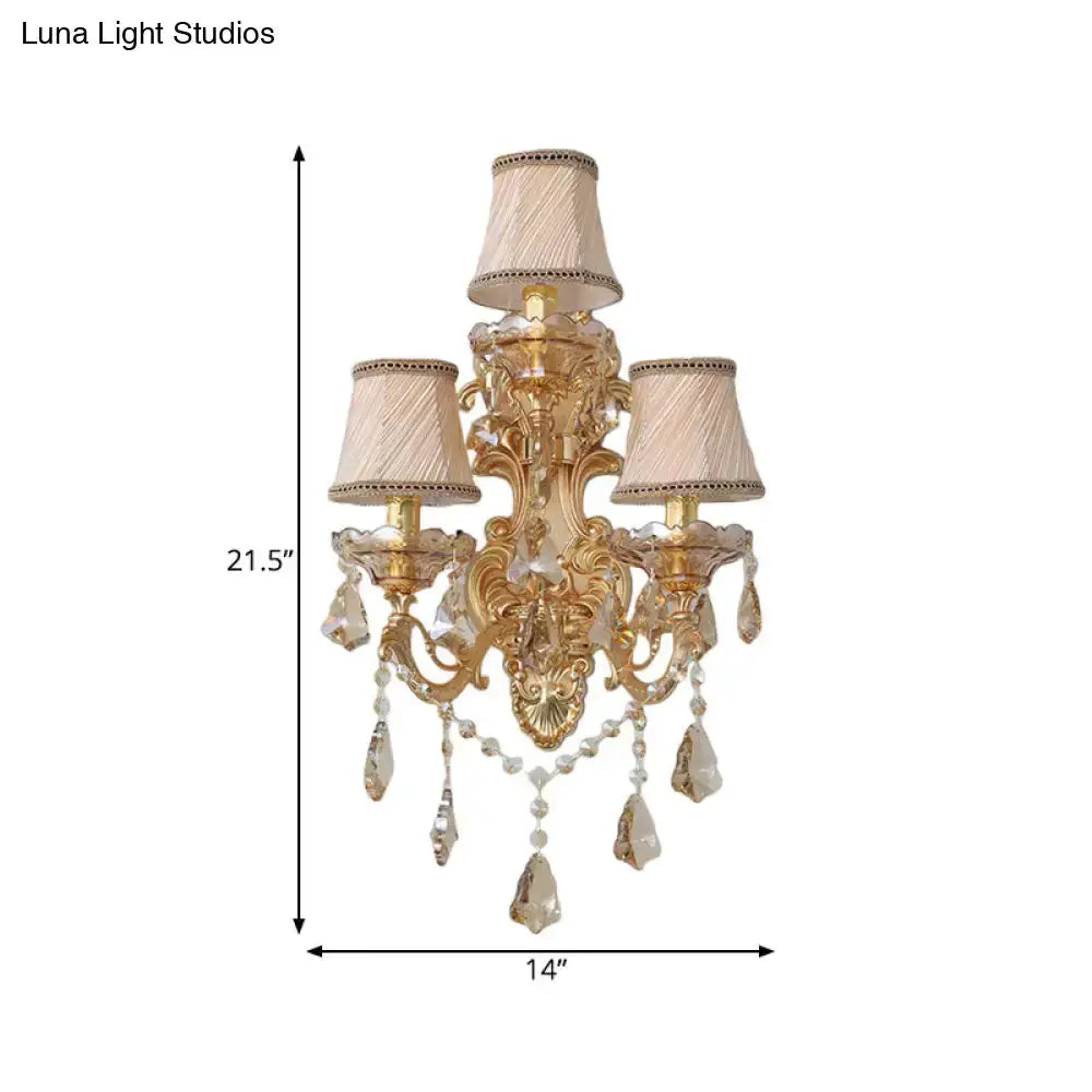 Decorbites ornate gold crystal 3-light metal sconce with fabric shades, 21.5 tall x 14 wide on Tampa Home & Garden Store