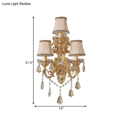 Decorbites ornate gold crystal 3-light metal sconce with fabric shades, 21.5 tall x 14 wide on Tampa Home & Garden Store