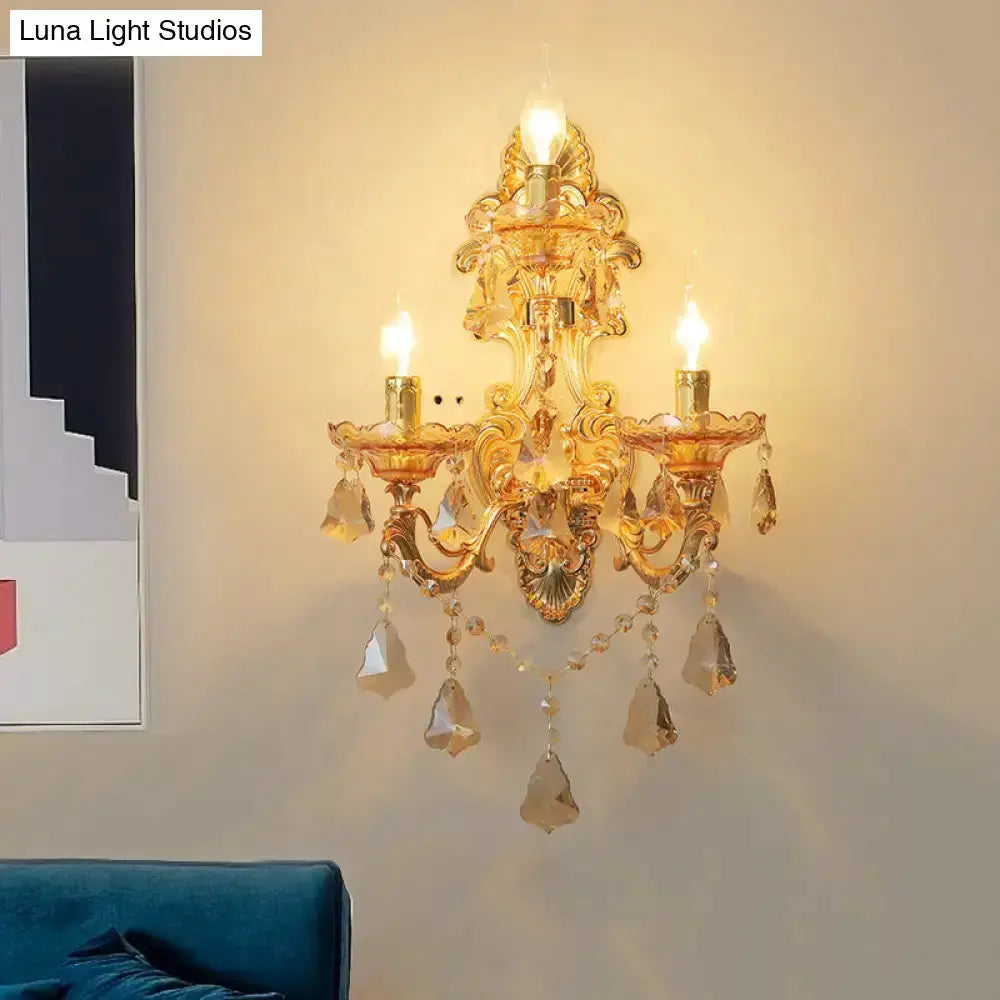 Ornate gold crystal 3-light wall sconce with hanging prisms by Decorbites on Tampa Home & Garden Store
