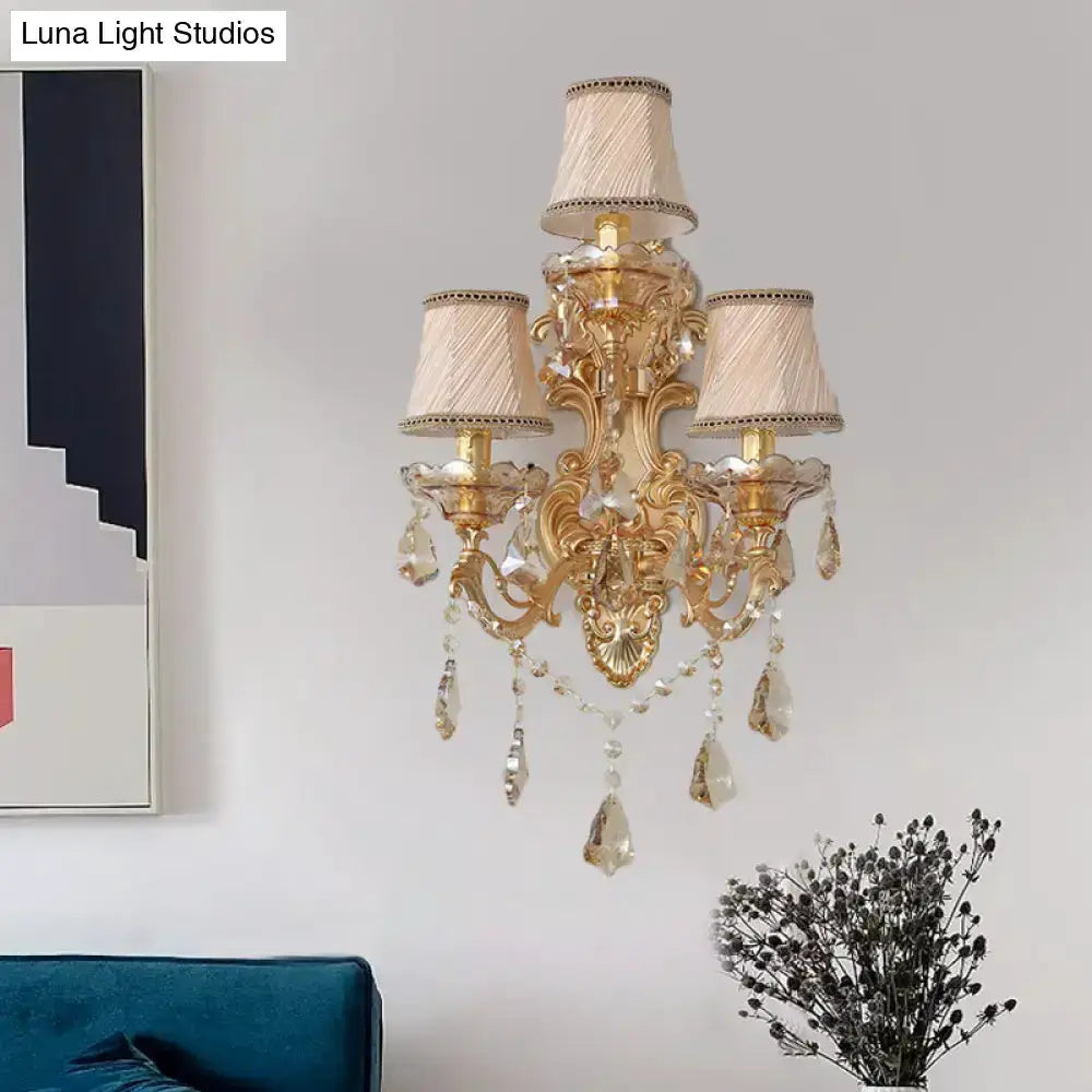 Ornate gold crystal 3-light metal living room sconce with beige fabric shades Decorbites on Tampa Home & Garden Store