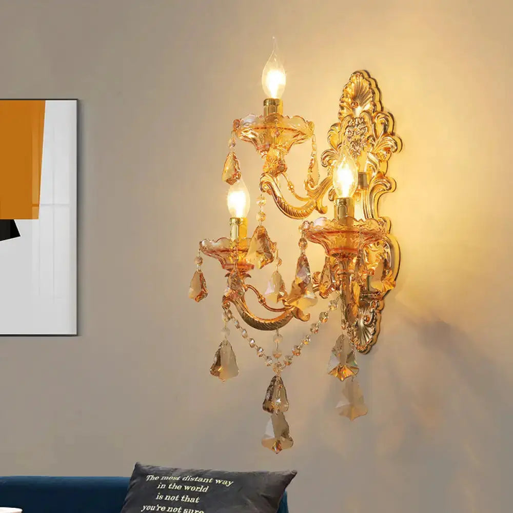 Decorbites ornate gold crystal 3-light metal wall sconce with hanging prisms on Tampa Home & Garden Store