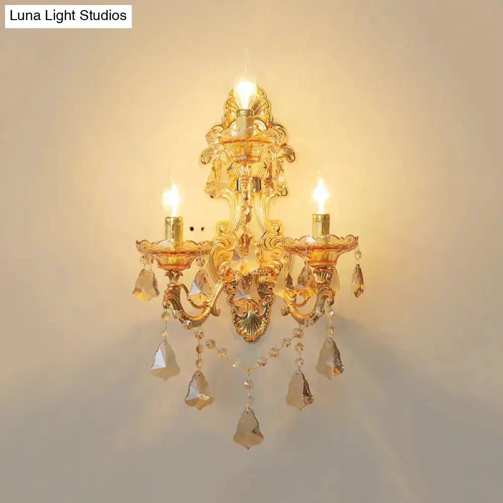 Ornate gold crystal 3-light metal living room sconce with hanging prisms Decorbites on Tampa Home & Garden Store