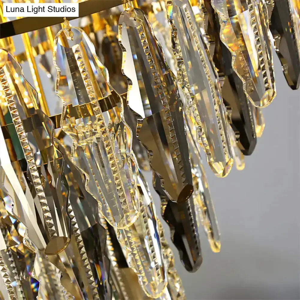 Ornate gold crystal leaf pendant light with hanging prisms for bedroom on Tampa Home & Garden Store