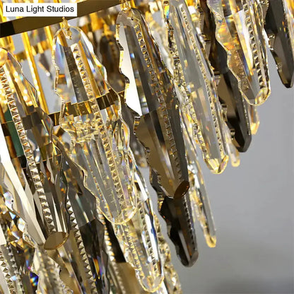 Ornate gold crystal leaf pendant light with hanging prisms for bedroom on Tampa Home & Garden Store