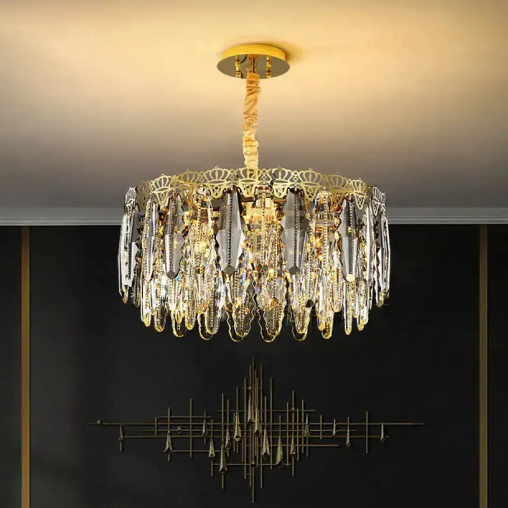 Ornate gold crystal leaf pendant light with cascading prisms for bedroom decor on Tampa Home & Garden Store