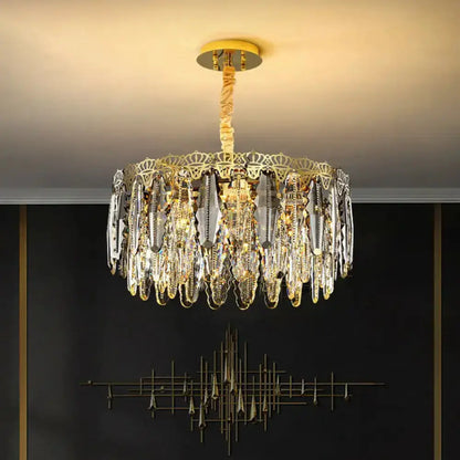 Ornate gold crystal leaf pendant light with cascading prisms for bedroom decor on Tampa Home & Garden Store