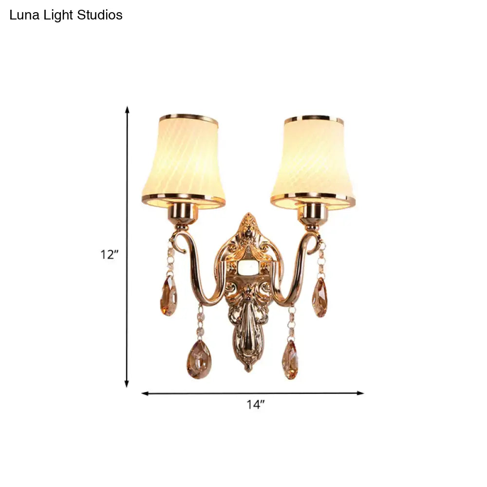 Decorbites gold crystal brass 14-inch wall sconce with dual arms, crystal drops on Tampa Home & Garden Store