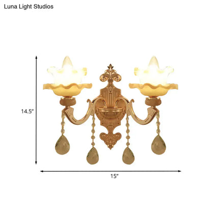 Gold Frosted Glass Dual-Bulb Sconce by Decorbites with ornate backplate and crystal drops on Tampa Home & Garden Store