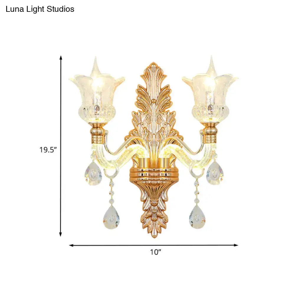Gold Floral Clear Crystal Sconce, Decorbites two-light wall sconce with crystal drops on Tampa Home & Garden Store