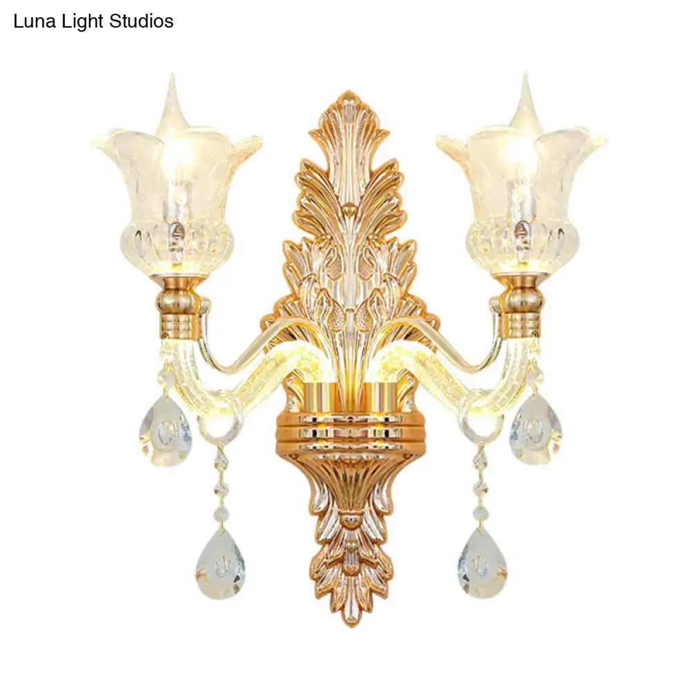 Gold floral clear crystal wall sconce with two arms and hanging crystals Decorbites on Tampa Home & Garden Store