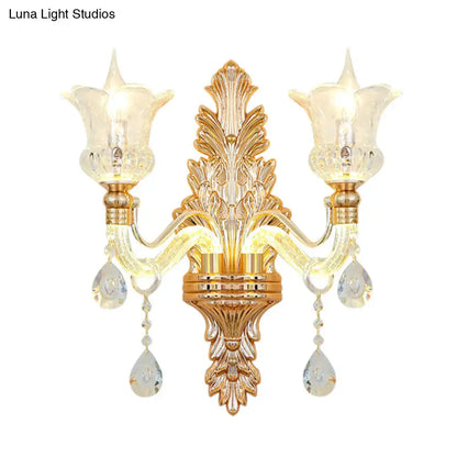 Gold floral clear crystal wall sconce with two arms and hanging crystals Decorbites on Tampa Home & Garden Store