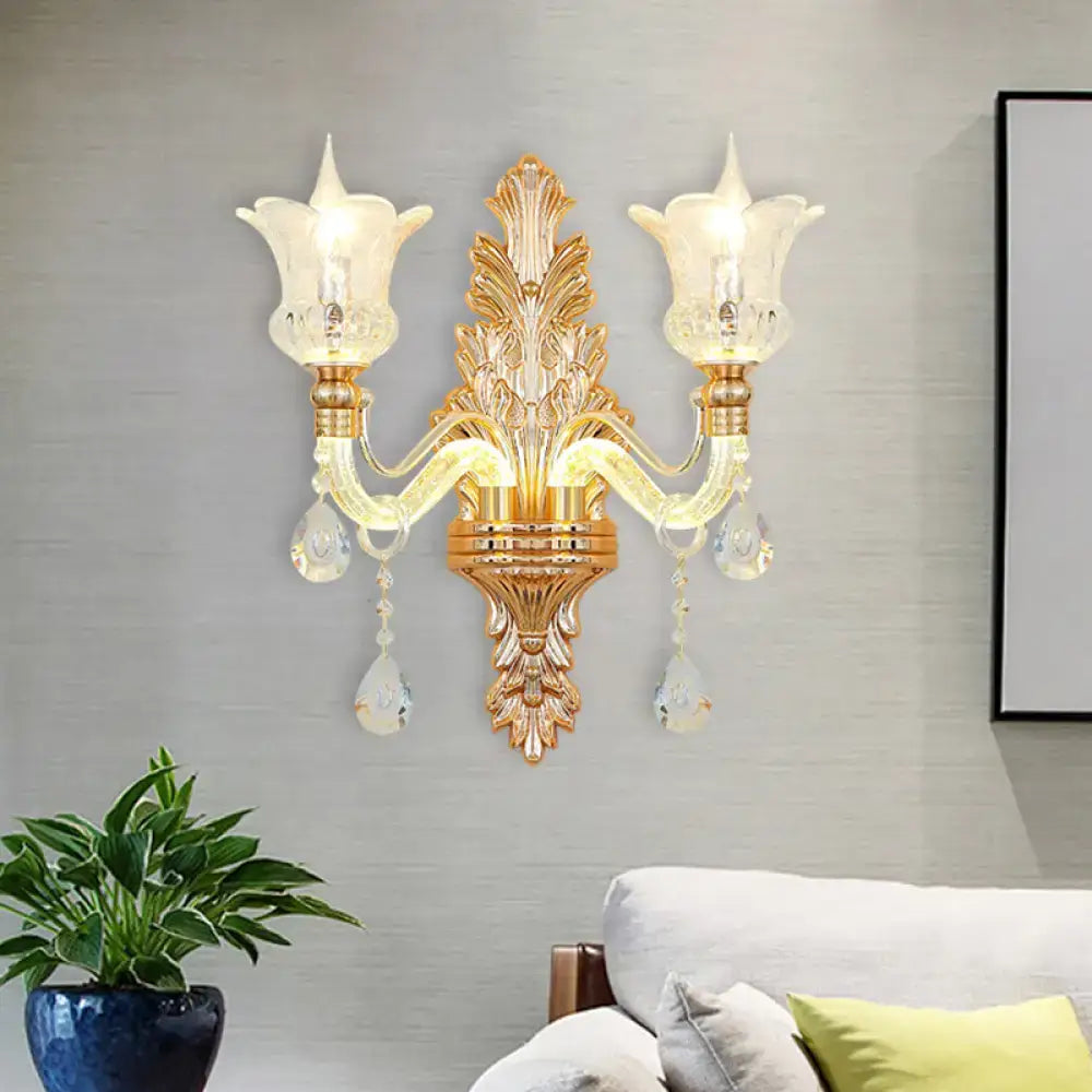 Gold Floral Clear Crystal Sconce by Decorbites, two-arm wall light with ornate backplate on Tampa Home & Garden Store