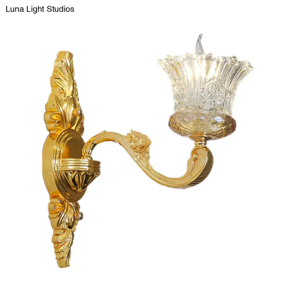 Gold Flower Crystal Sconce by Decorbites with ornate gold leaf backplate and crystal shade on Tampa Home & Garden Store