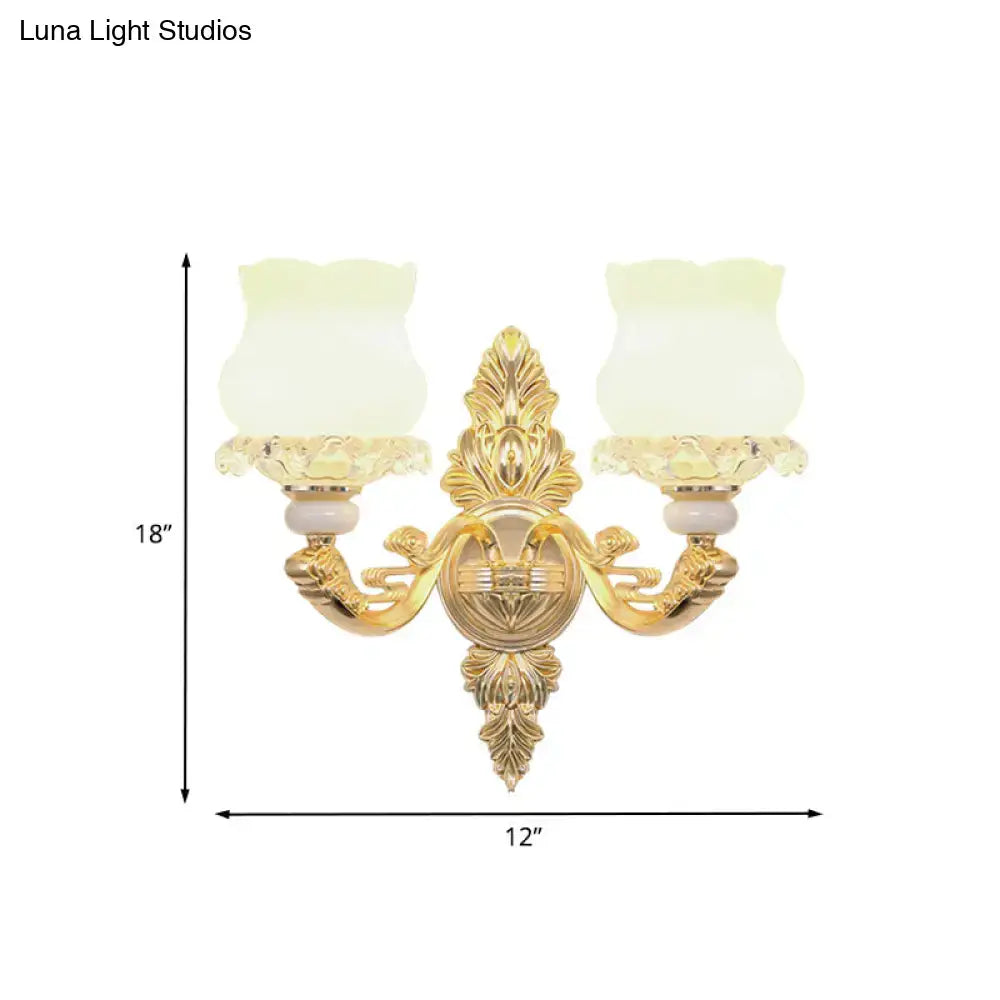 Gold Glass Bloom Wall Light two-light gold wall sconce with frosted shades by Decorbites on Tampa Home & Garden Store