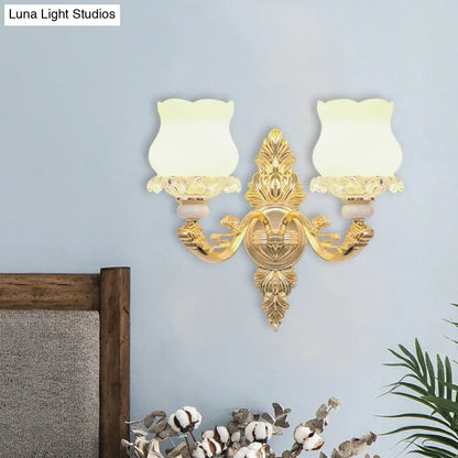Gold Glass Bloom Wall Light Decorbites double-arm sconce with frosted shades on Tampa Home & Garden Store