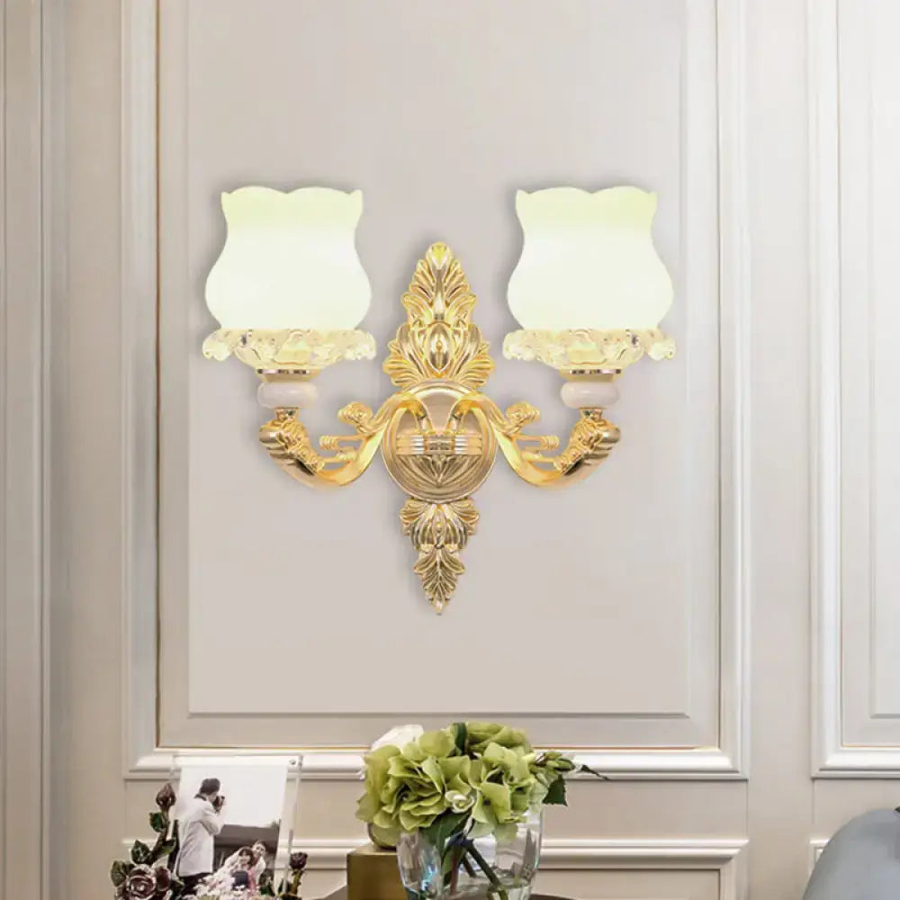 Gold Glass Bloom Wall Light by Decorbites, ornate two-arm wall sconce with frosted glass shades on Tampa Home & Garden Store