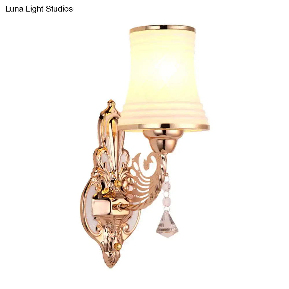 Rose gold bell sconce by Decorbites with frosted glass shade and scrollwork, crystal pendant on Tampa Home & Garden Store