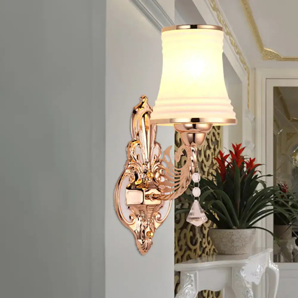 Rose Gold Bell Sconce Decorbites with ornate backplate, frosted shade and crystal drops on Tampa Home & Garden Store