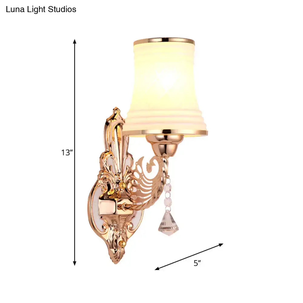 Rose Gold Bell Sconce with backplate, frosted glass shade and crystal pendant 13 in tall on Tampa Home & Garden Store
