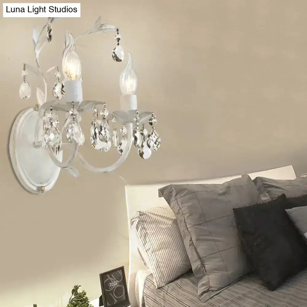 Ornate silver crystal leaf wall light fixture bedroom sconce with hanging prisms Decorbites on Tampa Home & Garden Store