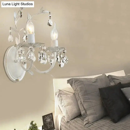Ornate silver crystal leaf wall light fixture bedroom sconce with hanging prisms Decorbites on Tampa Home & Garden Store