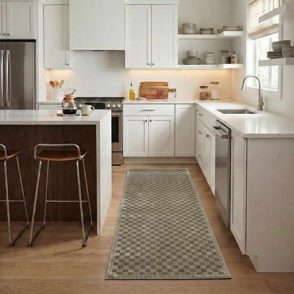 Gaiwan Olive Green washable area rug by Boutique Rugs, gray-beige checkered kitchen runner on Tampa Home & Garden Store