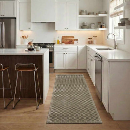 Gaiwan Olive Green washable area rug by Boutique Rugs, gray-beige checkered kitchen runner on Tampa Home & Garden Store