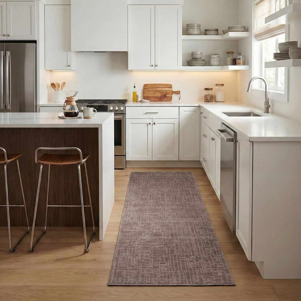 Leanna light brown washable area rug runner in a white kitchen with wood island on Tampa Home & Garden Store