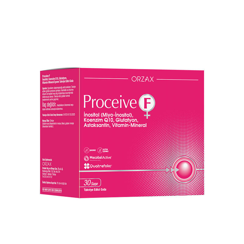 Orzax Proceive-F daily supplement box, pink with white text, 30 sachets by Beauty Care Bag on Tampa Home & Garden Store