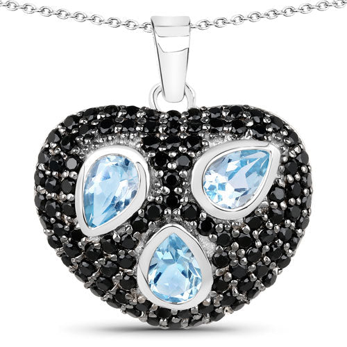 Heart-shaped sterling silver pendant with three blue topaz teardrops and black spinel pavé on Tampa Home & Garden Store