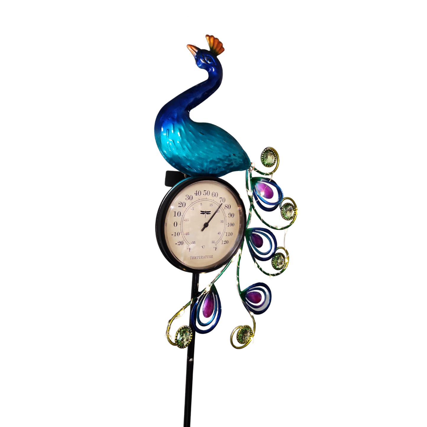 Solar Lighted Metal Peacock Yard Stake with Thermometer