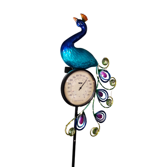 Solar Lighted Metal Peacock Yard Stake with Thermometer