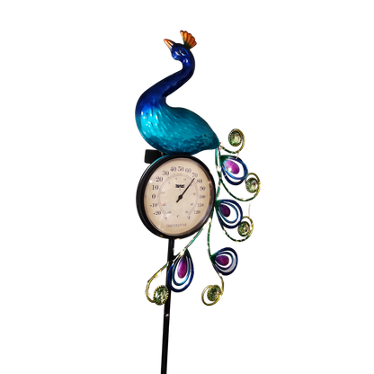 Solar Lighted Metal Peacock Yard Stake with Thermometer
