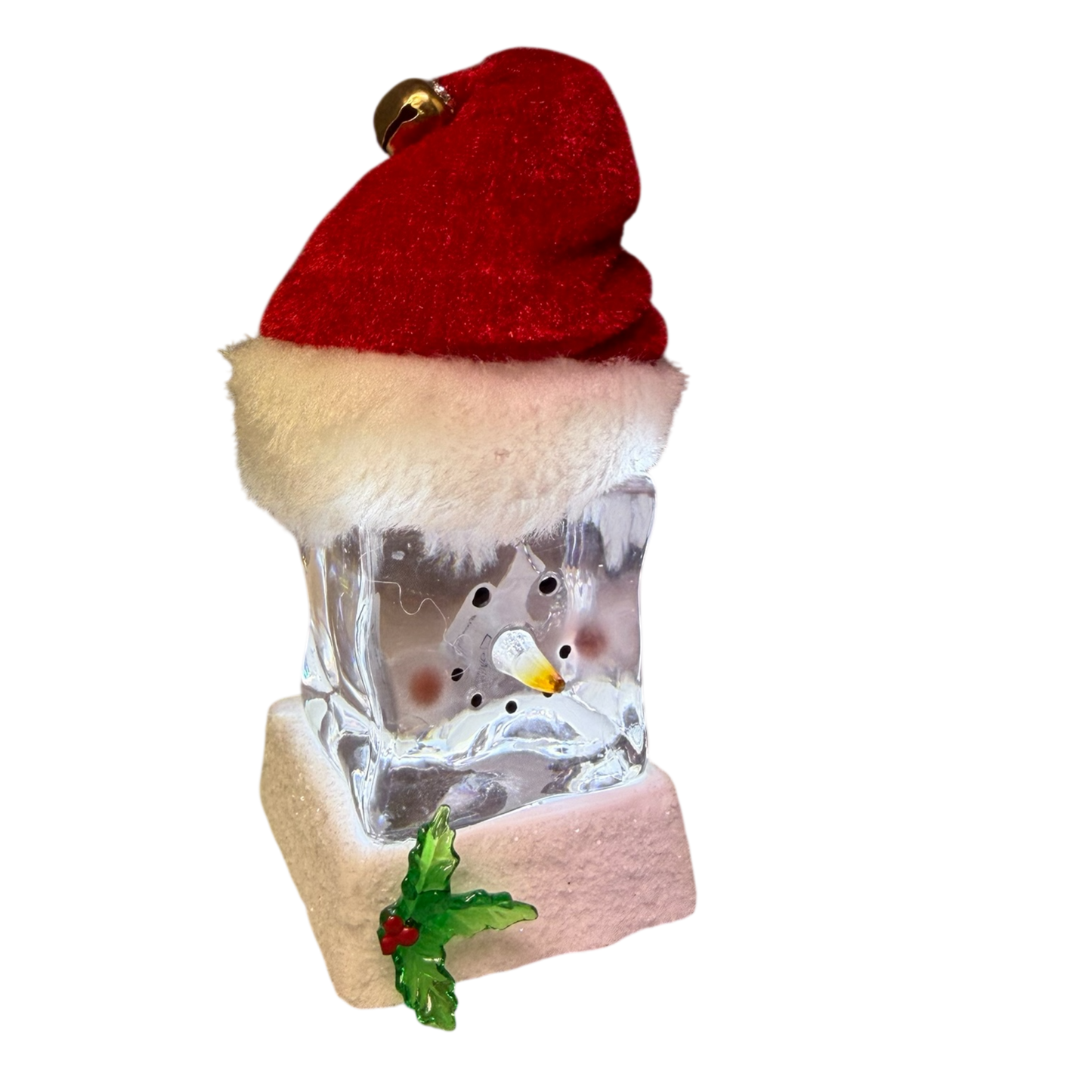 Lighted Snowman Cube with Santa Hat Ornament red hat white fur trim atop reflective glass cube on Tampa Home & Garden Store