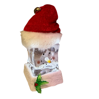 Lighted Snowman Cube with Santa Hat Ornament red hat white fur trim atop reflective glass cube on Tampa Home & Garden Store