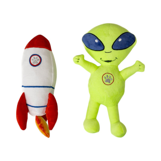 Space Alien & Rocket Plush Dog Toy Gift Set – with Squeaker & Crinkle Paper for Fun Play - Tampa Home & Garden Store
