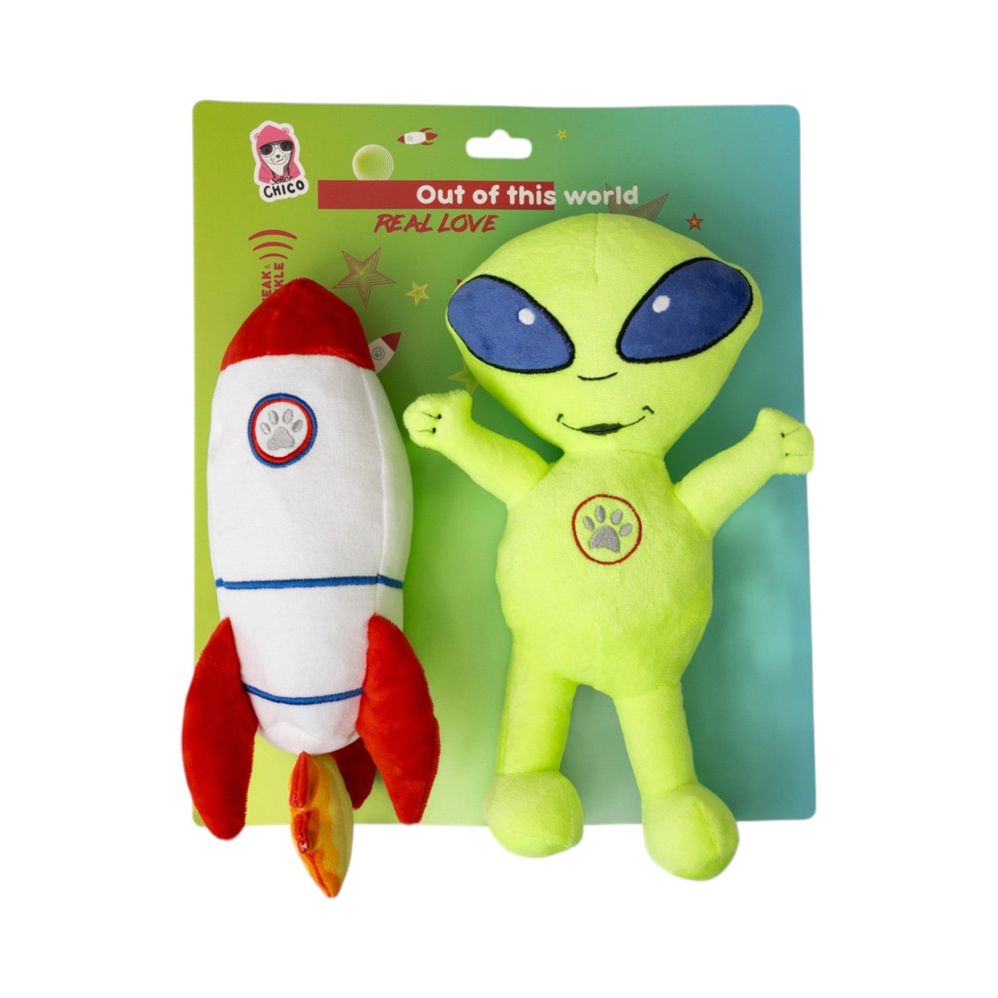 Coffret cadeau de peluches pour chien : extraterrestre et fusée – avec couineur et papier froissé pour des heures de jeu amusantes