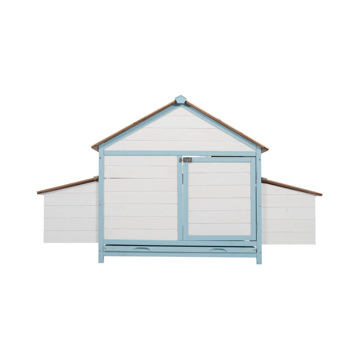 96-Inch Outdoor Fir Wood Chicken Coop with Nesting Box and Run, blue-trimmed white siding on Tampa Home & Garden Store