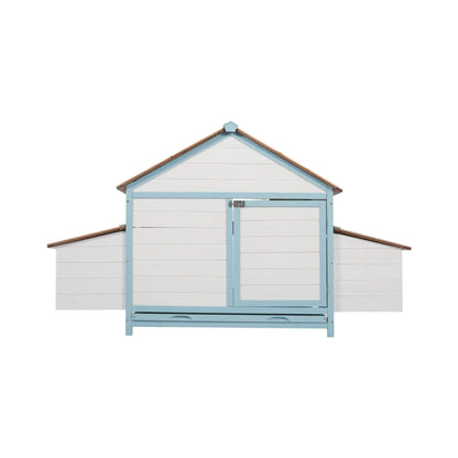 96-Inch Outdoor Fir Wood Chicken Coop with Nesting Box and Run, blue-trimmed white siding on Tampa Home & Garden Store