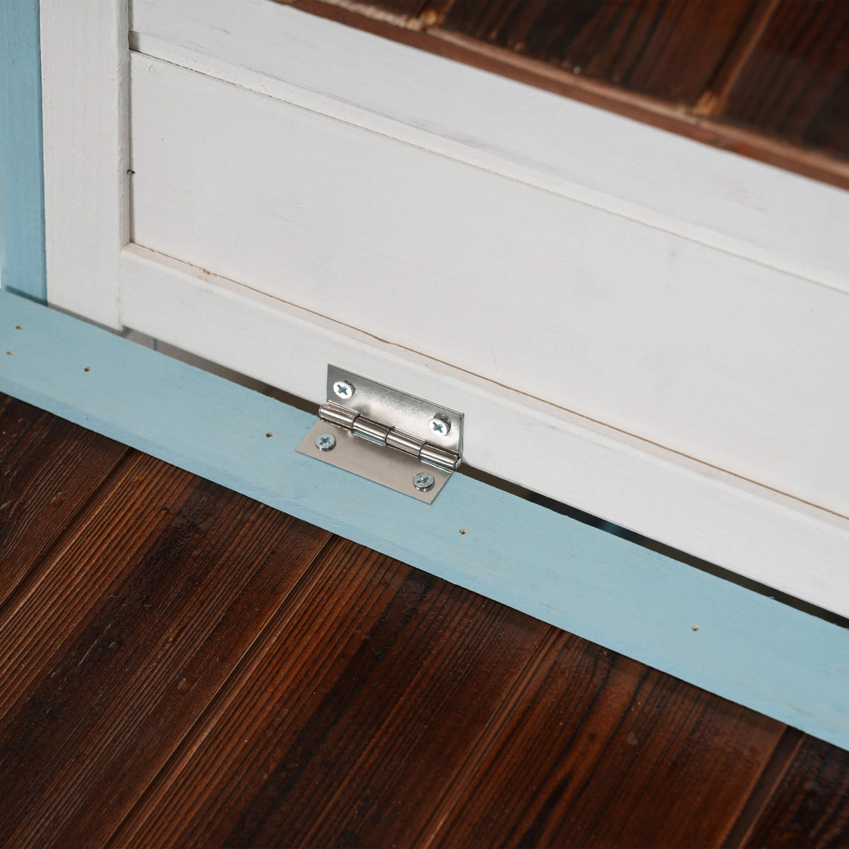 96-Inch Outdoor Fir Wood Chicken Coop exterior with white siding and blue trim plus hinge on Tampa Home & Garden Store