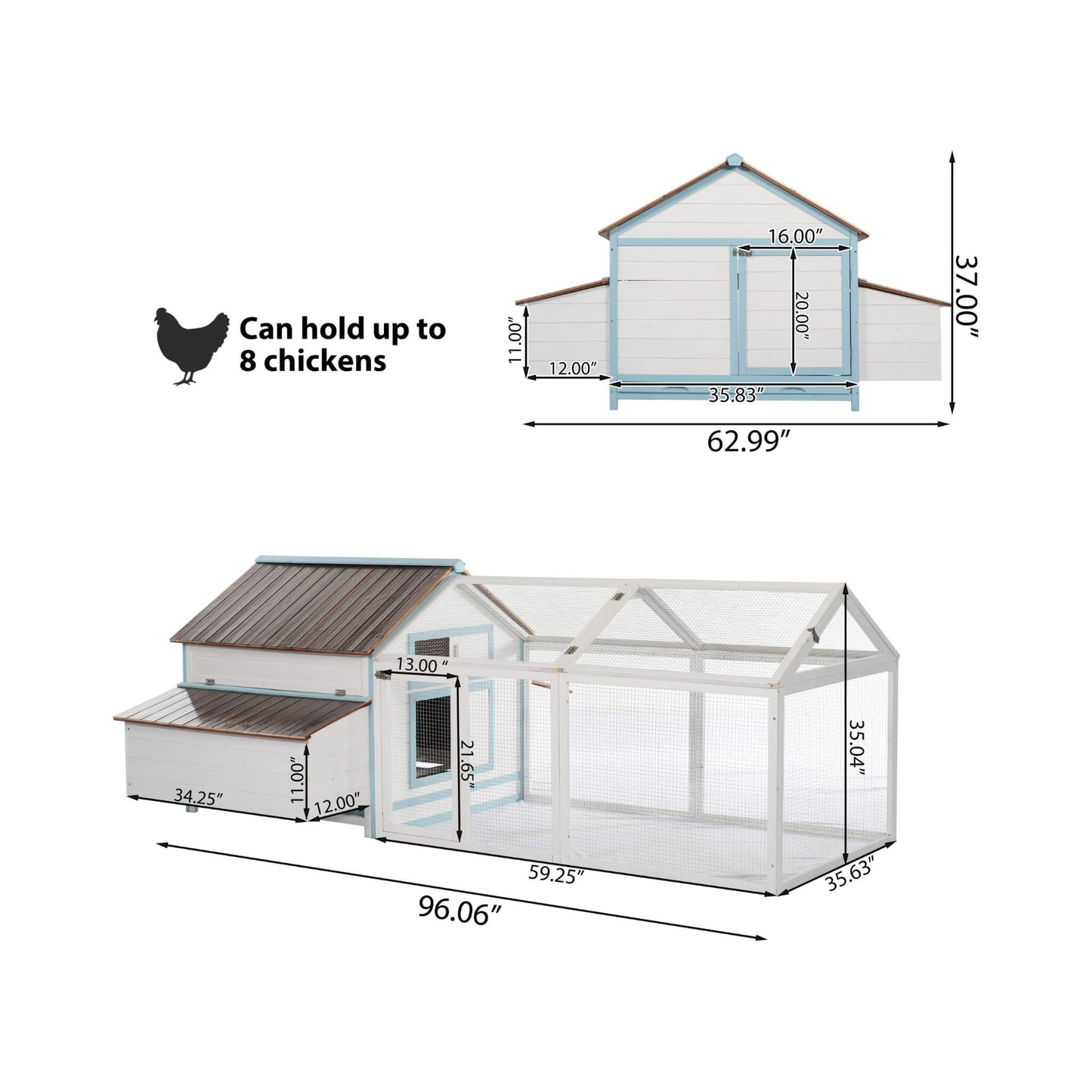 96-Inch outdoor fir wood chicken coop with nesting box and run, blue trim on Tampa Home & Garden Store