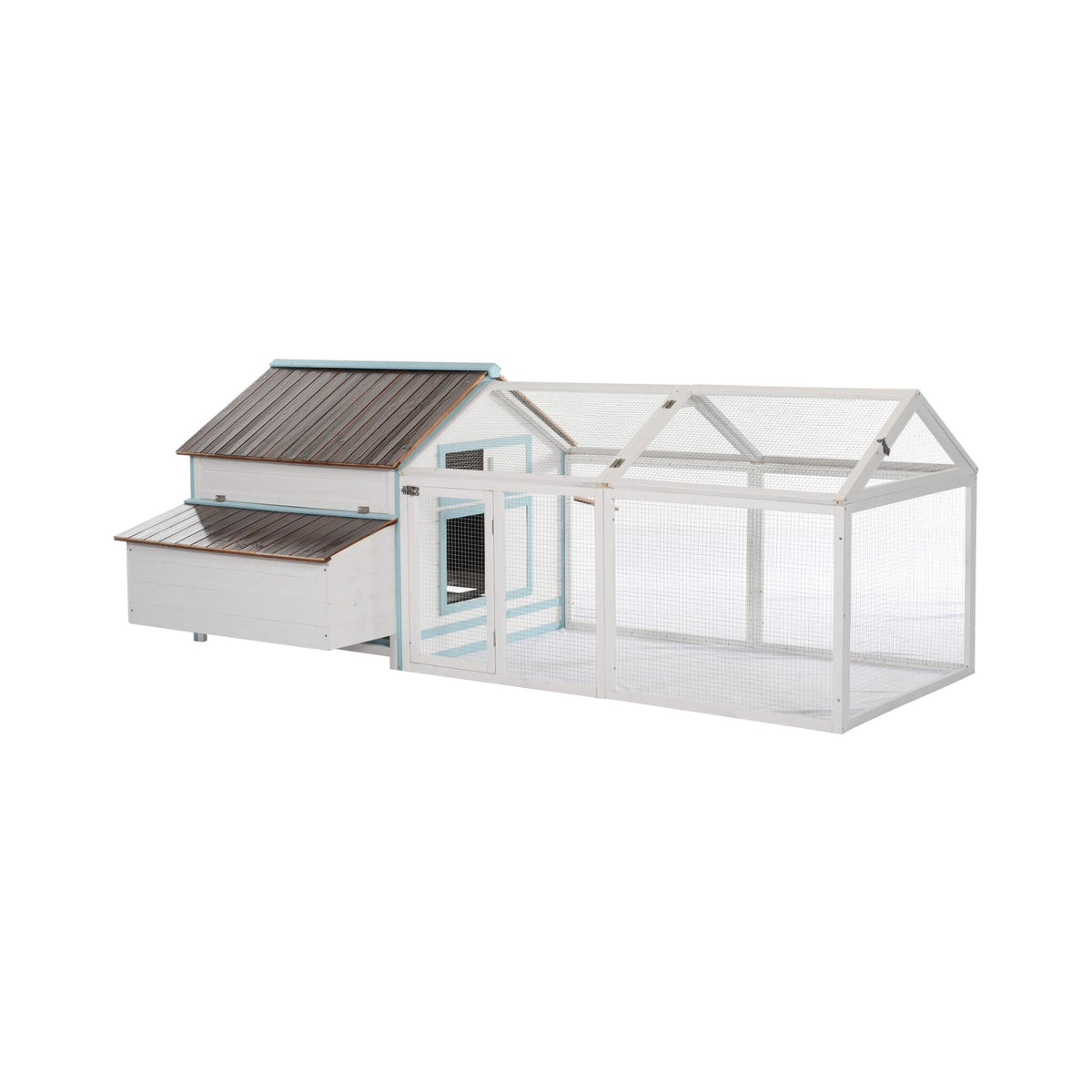 96-Inch Outdoor Fir Wood Chicken Coop with Nesting Box and Run, white with blue trim on Tampa Home & Garden Store