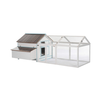 96-Inch Outdoor Fir Wood Chicken Coop with Nesting Box and Run, white with blue trim on Tampa Home & Garden Store