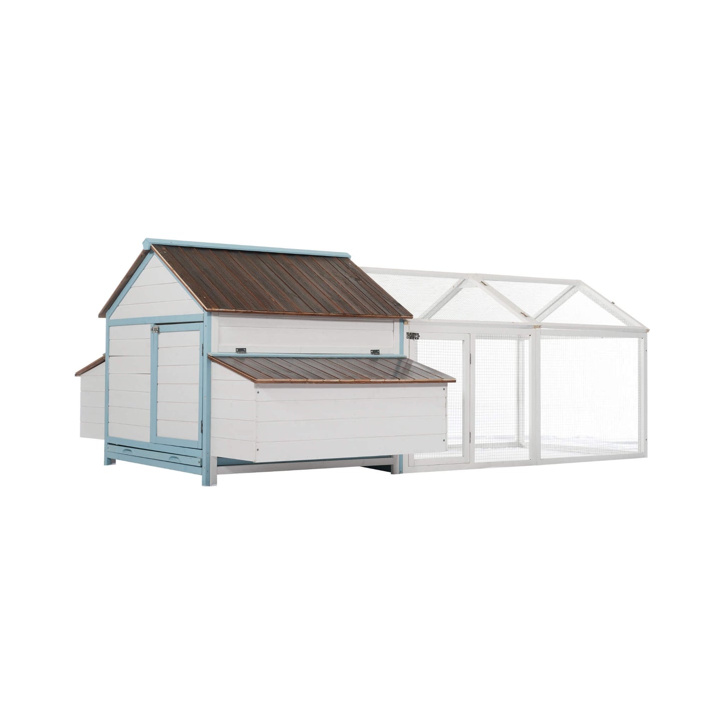 96-Inch outdoor fir wood chicken coop with nesting box and run, white with blue trim on Tampa Home & Garden Store