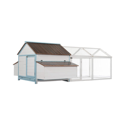 96-Inch outdoor fir wood chicken coop with nesting box and run, white with blue trim on Tampa Home & Garden Store