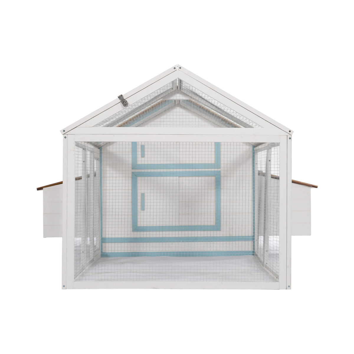96-Inch outdoor fir wood chicken coop with nesting box and run, white frame and wire mesh on Tampa Home & Garden Store