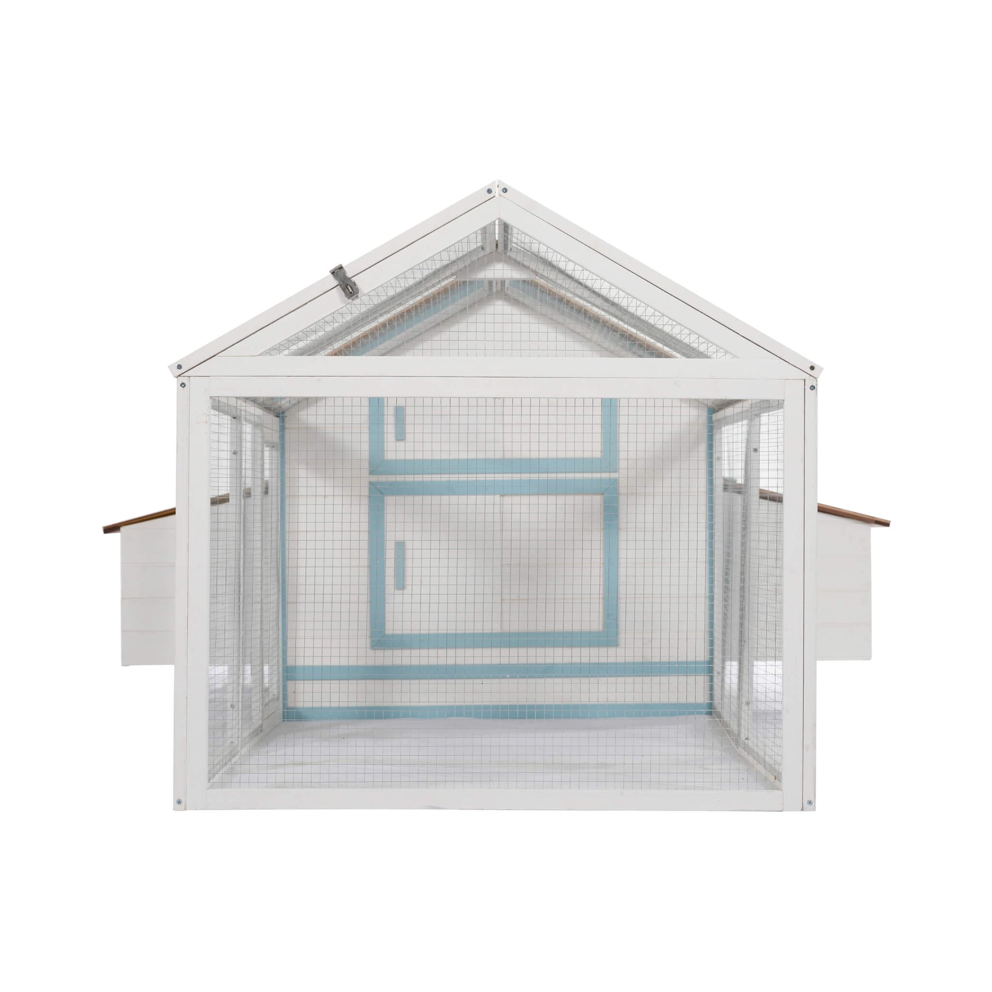 96-Inch outdoor fir wood chicken coop with nesting box and run, white frame and wire mesh on Tampa Home & Garden Store